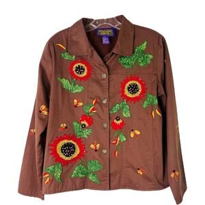 Vintage brown red green sunflower autumn sequin button novelty jacket small